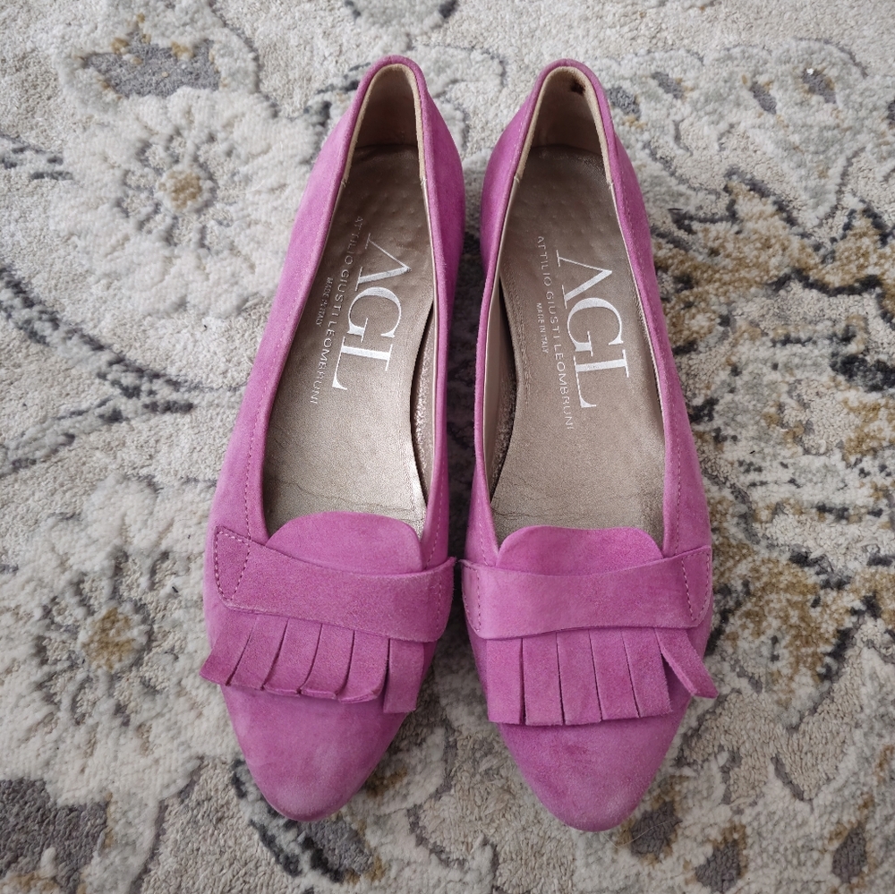 AGL Pink Suede Fringe Loafers